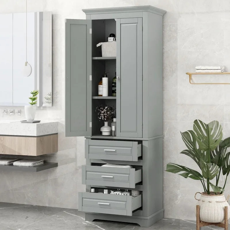 Tall Bathroom Storage Cabinet with Three Drawers and Upper Cabinet Shelves