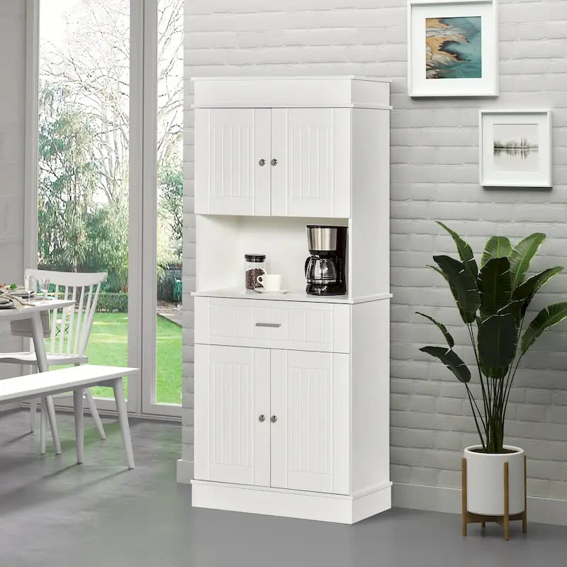 72 Inch Kitchen Buffet Hutch with Drawer Two Door Cabinets and Countertop White