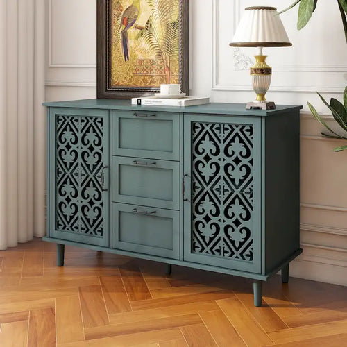2-Door 3-Drawer Cabinet with Carved Panel and Adjustable Interior Shelf Green
