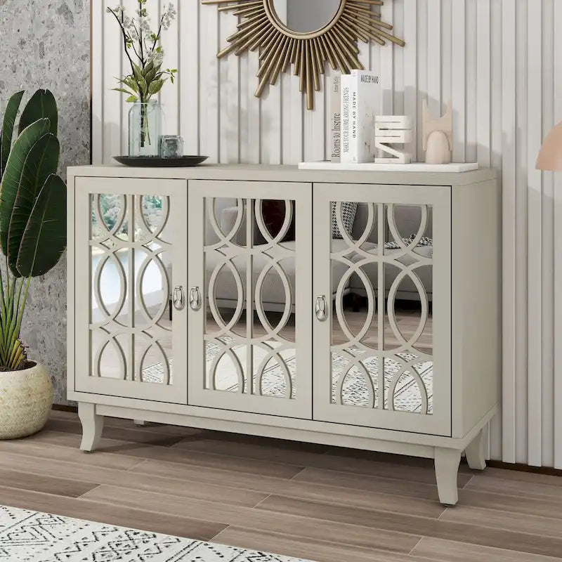 3-Door Mirrored Buffet Sideboard with Drop-Shaped Silver Handles Champagne Gold