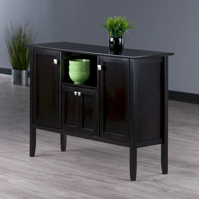 Buffet Cabinet Coffee Finish with Two Side Cabinets and Center Open Shelf