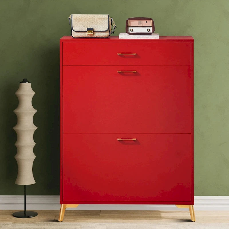 Wooden Shoe Storage Cabinet with Gold Metal Handles and Legs Two Flip Drawers Red