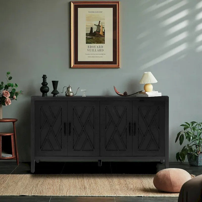 Vintage 4-Door Wooden Sideboard with Diagonal Door Design 59.8 Inch