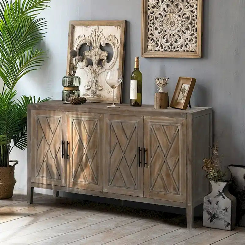 Vintage 4-Door Wooden Sideboard with Diagonal Door Design 59.8 Inch