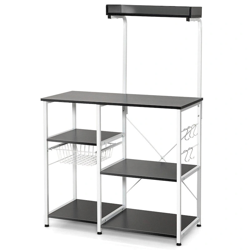 4-Tier Kitchen Bakers Rack with Basket and 5 Movable Hooks Grey