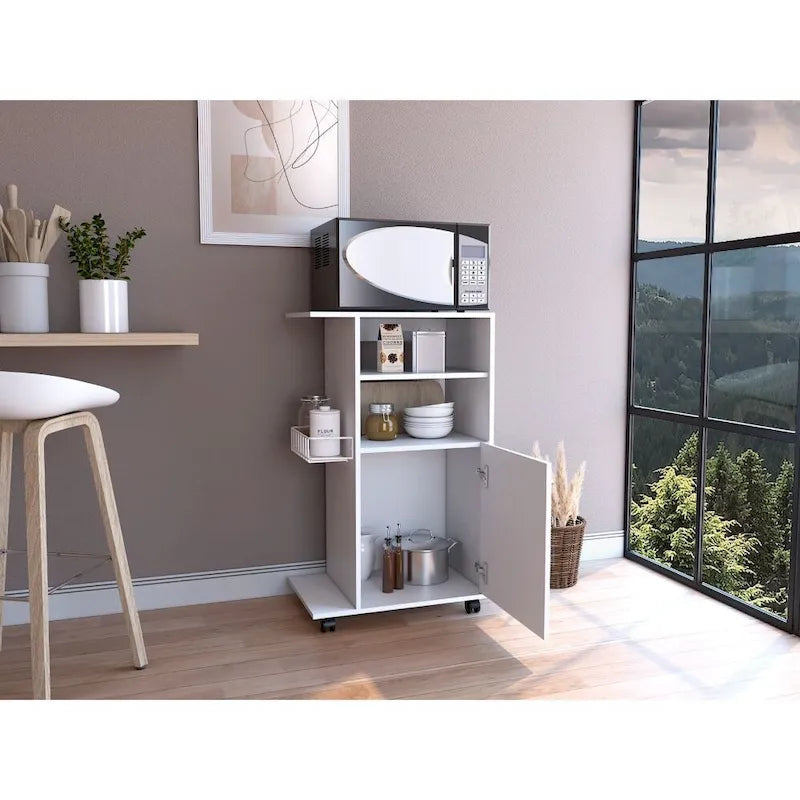 White Kitchen Microwave Cart with Single Door Cabinet and Four Casters