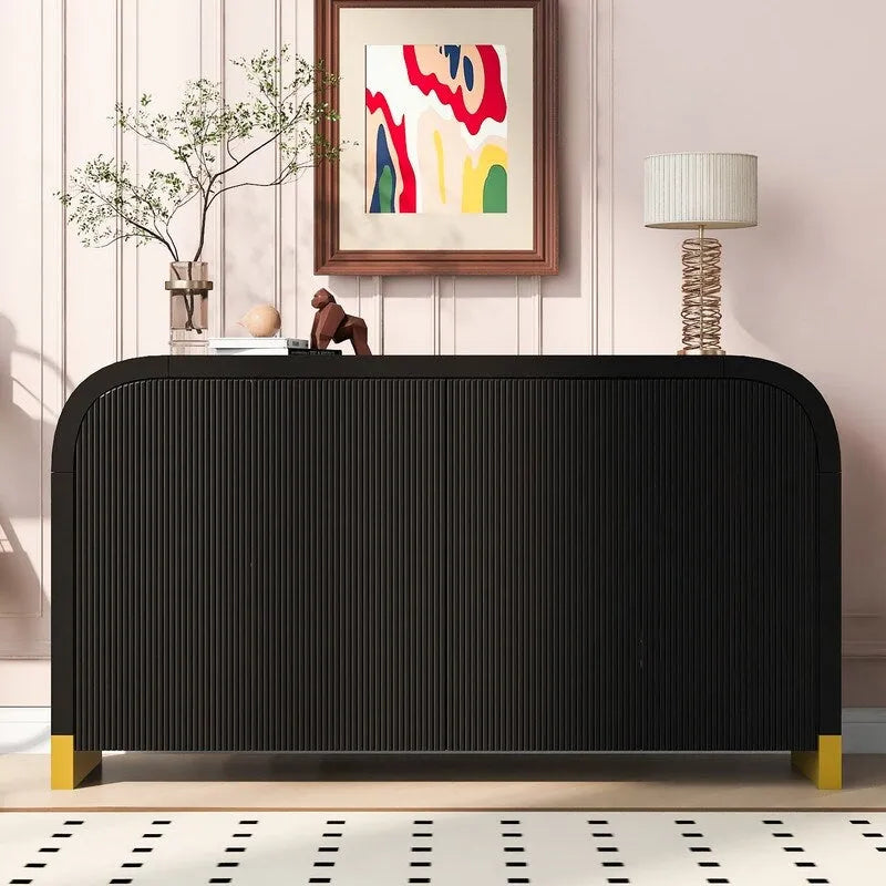 59.8 Inch 4-Door Cabinet with Wave Pattern and Adjustable Shelves Black