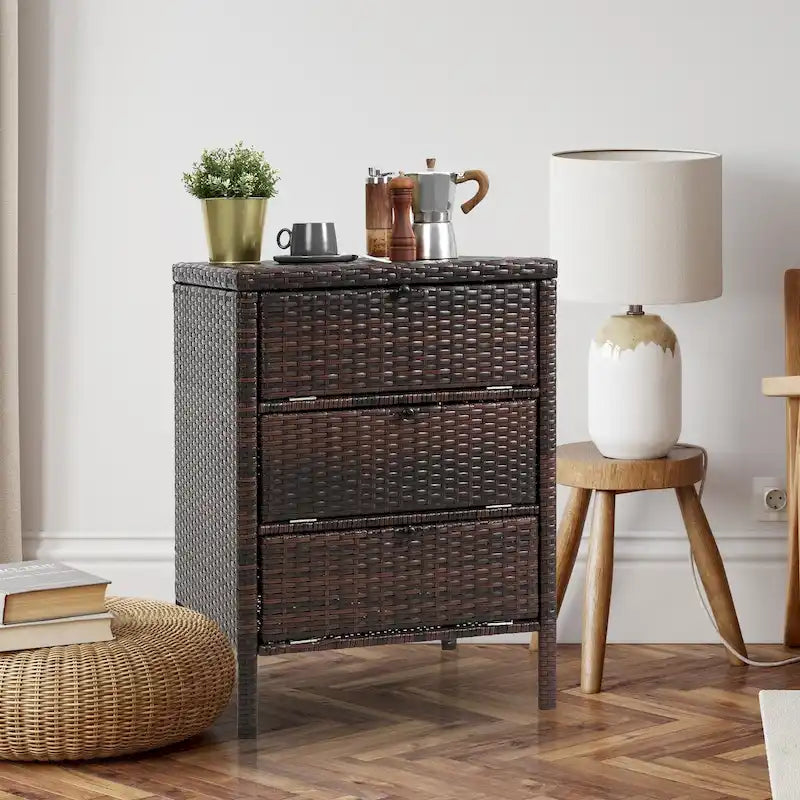 Wood Frame PE Rattan Storage Cabinet with 3 Drawers for Kitchen or Bedroom