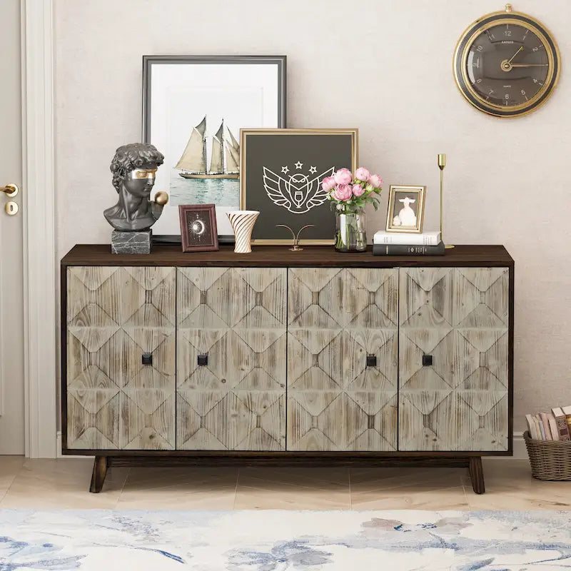 59.84 Inch 4-Door Vintage Sideboard with Relief Patterns and Pine Legs