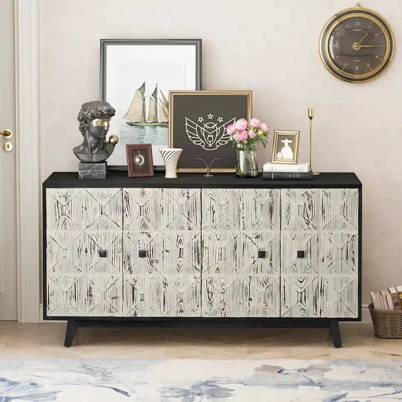 59.84 Inch 4-Door Vintage Sideboard with Relief Patterns and Pine Legs