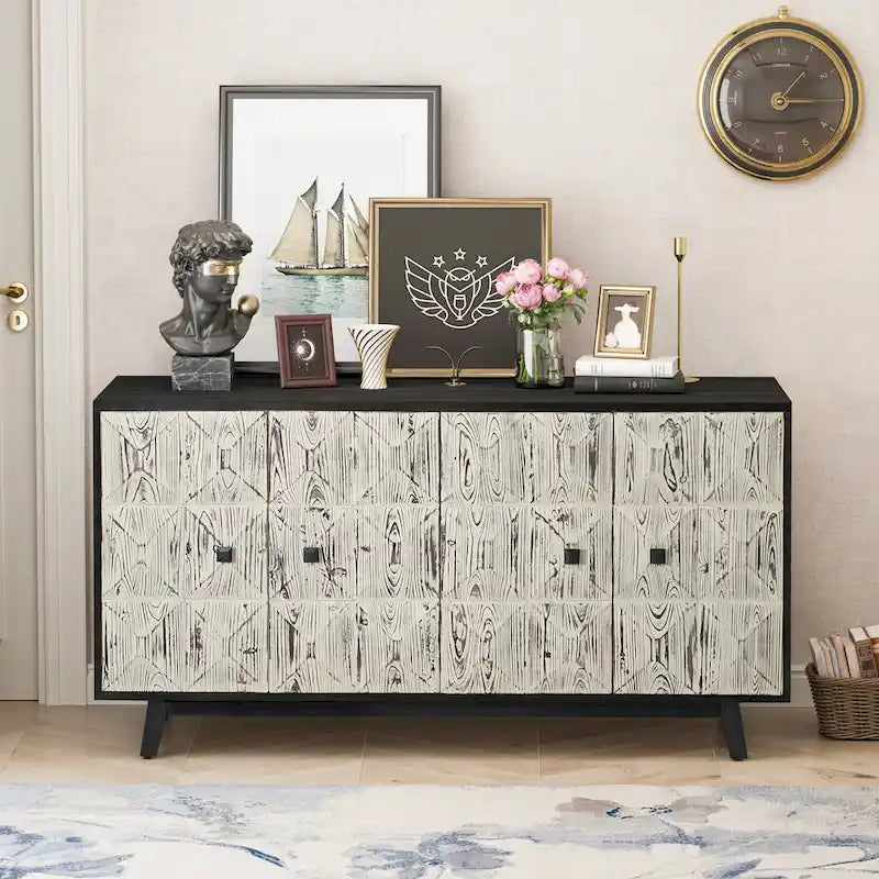 59.84 Inch 4-Door Vintage Sideboard with Relief Patterns and Pine Legs