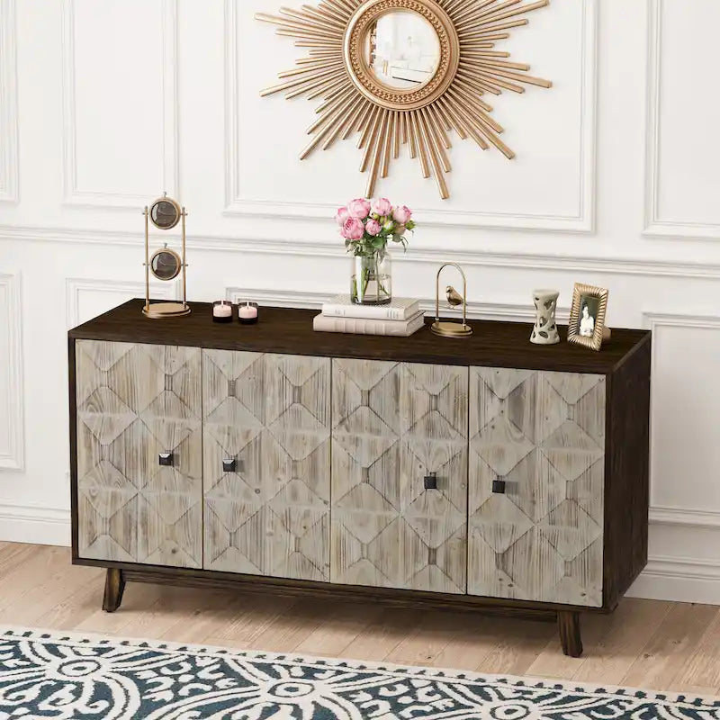 59.84 Inch 4-Door Vintage Sideboard with Relief Patterns and Pine Legs