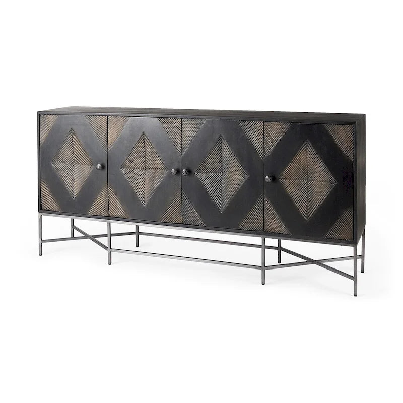 Two-Tone Brown Mango Wood Sideboard with Diamond Pattern Doors and Silver Iron Base