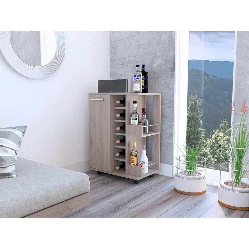 2-Shelf Bar Cart with 6-Bottle Wine Rack and Locking Wheels Light Oak