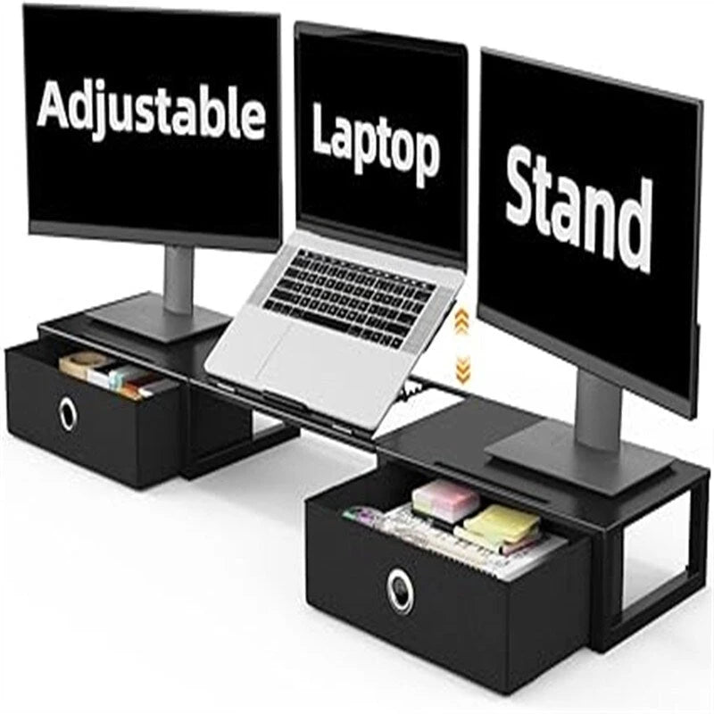 Adjustable Height Monitor Stand Riser with Slide-Out Cloth Drawers Black