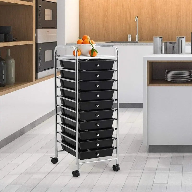 10-Drawer Chrome Steel Organizer Cart with Top Shelf and Locking Casters