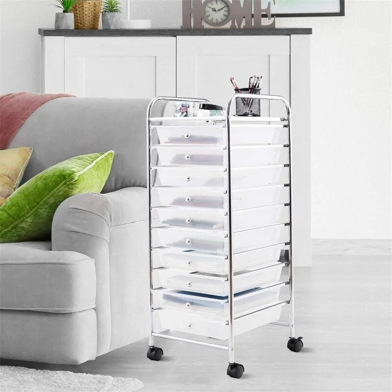 10-Drawer Chrome Steel Organizer Cart with Top Shelf and Locking Casters