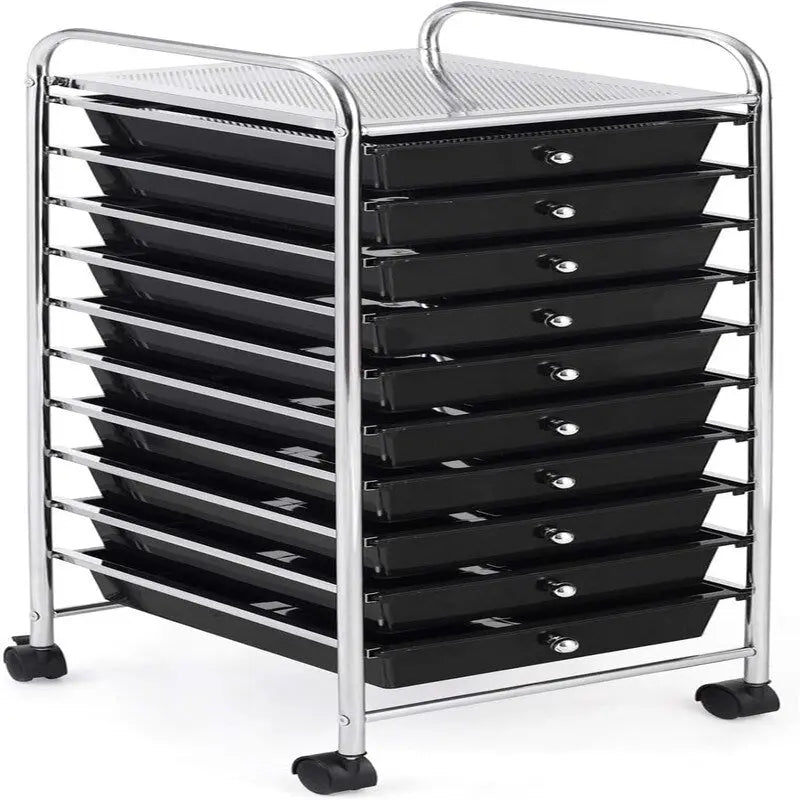 10-Drawer Chrome Steel Organizer Cart with Top Shelf and Locking Casters