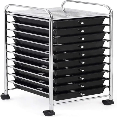 10-Drawer Chrome Steel Organizer Cart with Top Shelf and Locking Casters
