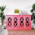 71 Inch Solid Mango Wood Sideboard with 4 Glass Doors and Brass Handles Red
