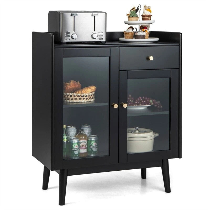 Mid-Century Black Buffet Cabinet with Glass Doors and Pull-Out Drawers