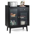 Mid-Century Black Buffet Cabinet with Glass Doors and Pull-Out Drawers