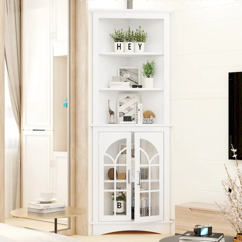 Tall Corner Storage Cabinet 63 Inch with Antiqued Glass Doors and Adjustable Shelves White