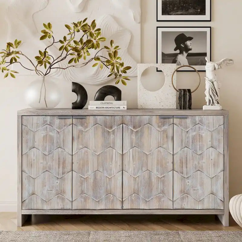 Farmhouse 4-Door Wooden Sideboard with Fluted Doors for Living Room or Entryway