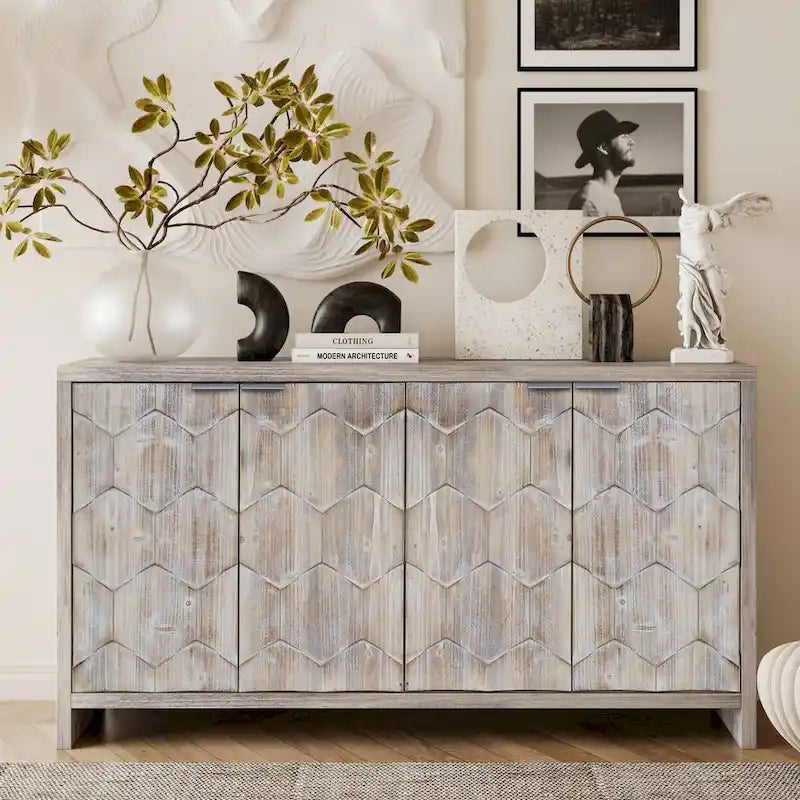 Accent Cabinet Farmhouse Style 4 Door Wooden Cabinet Sideboard Buffet Server Cabinet Storage Cabinet, for Living Room, Entryway
