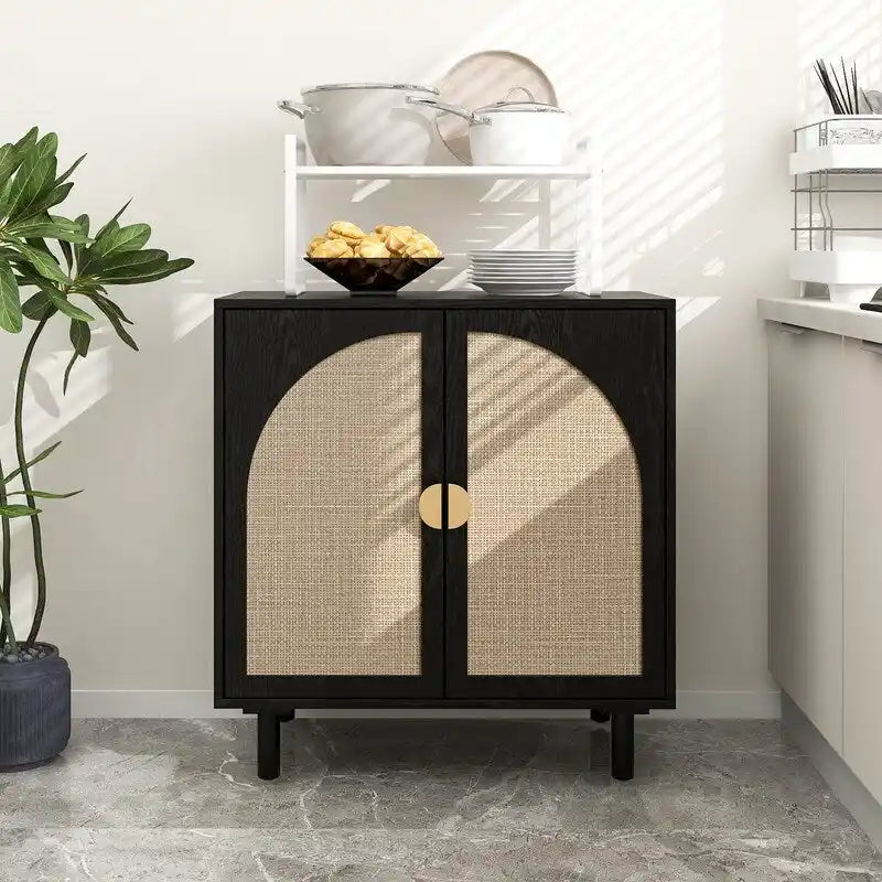 2-Door Rattan Cabinet with Adjustable Shelves and Pine Feet for Bedroom