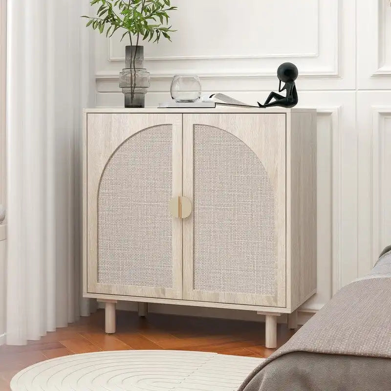 2-Door Rattan Cabinet with Adjustable Shelves and Pine Feet for Bedroom