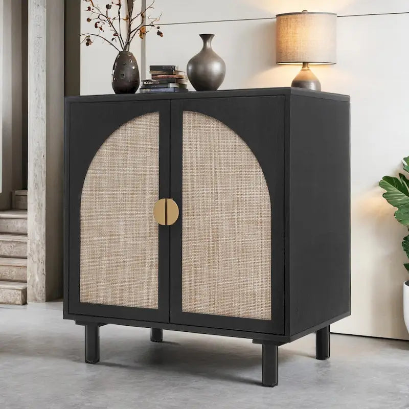 2-Door Rattan Cabinet with Adjustable Shelves and Pine Feet for Bedroom