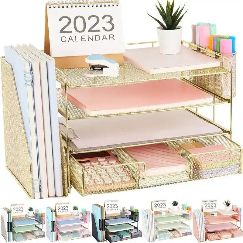 4 Tier Letter Tray Office Desk Organizer with Pen Holders and Drawer Gold