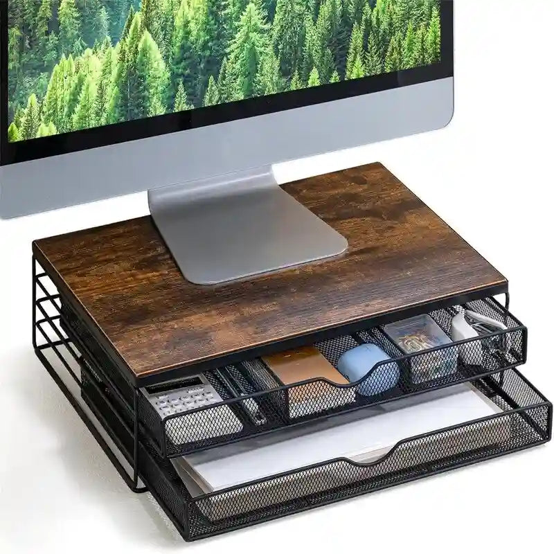 Wood Monitor Riser with Two Removable Drawers Vintage Rustic Brown