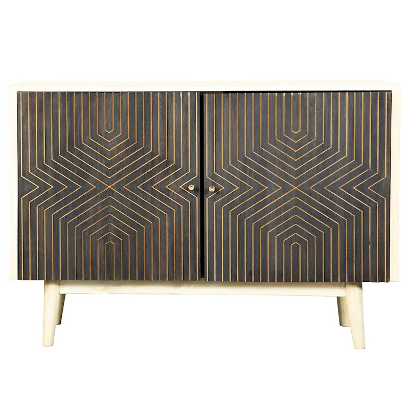 Solid Mango Wood Accent Cabinet with Gold Diamond Pattern and White Washed Frame