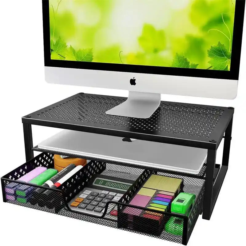 Metal Monitor Stand Riser with Built-In Drawers 16W x 10D x 6.25H