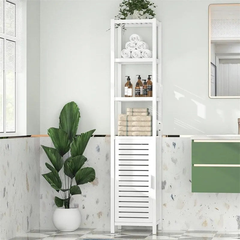 6-Tier Slim Bamboo Cabinet with Shutter Door and Open Shelves 13x13x66.5
