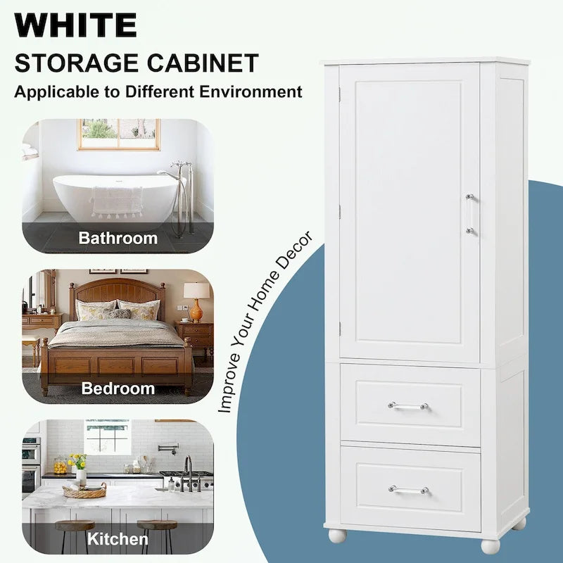 Tall Bathroom Storage Cabinet with Two Drawers and Adjustable Shelves White