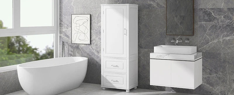 Tall Bathroom Storage Cabinet with Two Drawers and Adjustable Shelf