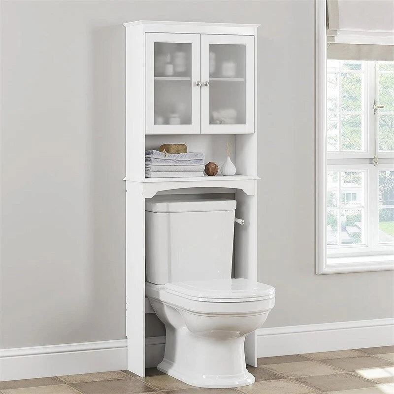 Over Toilet Storage Cabinet with Glass Doors and Adjustable Shelf White 24.8x9x66