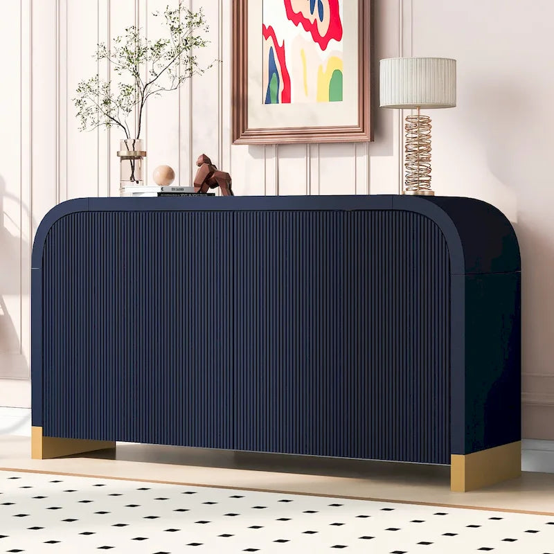4-Door Cabinet with Wave Pattern Surface and Adjustable Shelves Navy Blue or White
