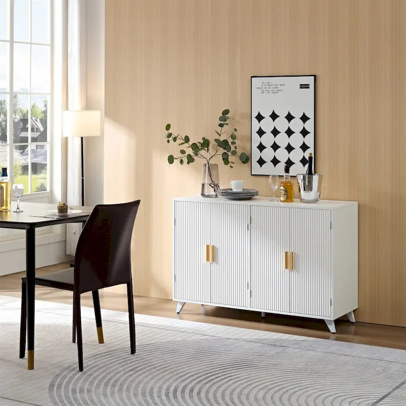 4-Door Water Ripple Sideboard Buffet Cabinet with Gold Handles White