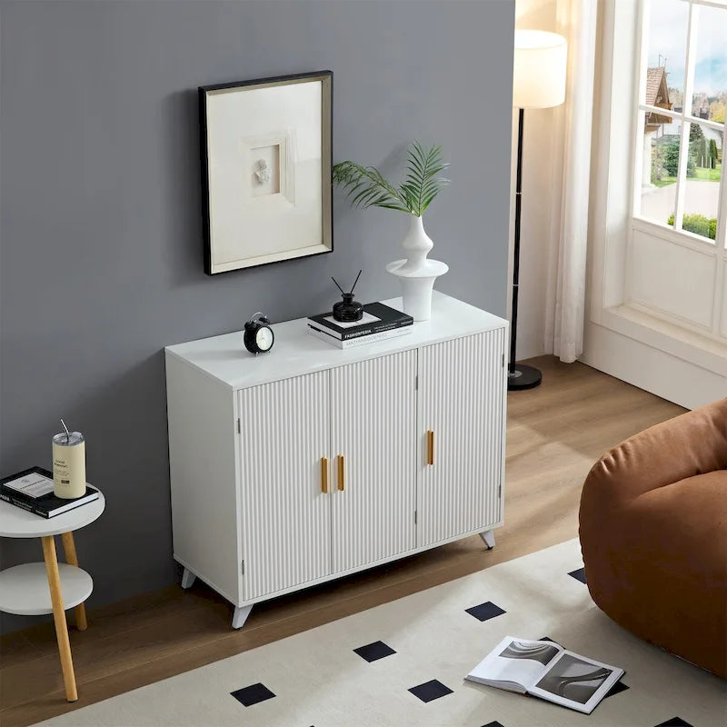 White Fluted Buffet Cabinet with Brass Legs and Gold Handles 39x15.74x31.49