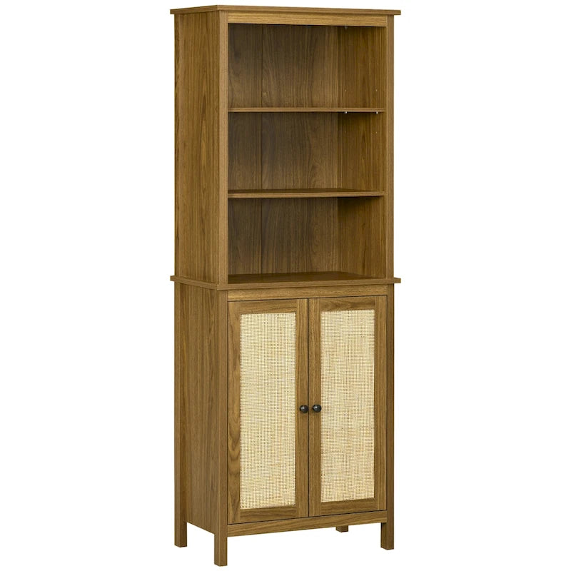 Tall Walnut Bookcase with Rattan Cabinet Door and Open Shelves