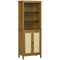 Tall Walnut Bookcase with Rattan Cabinet Door and Open Shelves