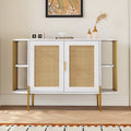 Elegant Curved Dining Cabinet with Gold Trim and Rattan Doors White