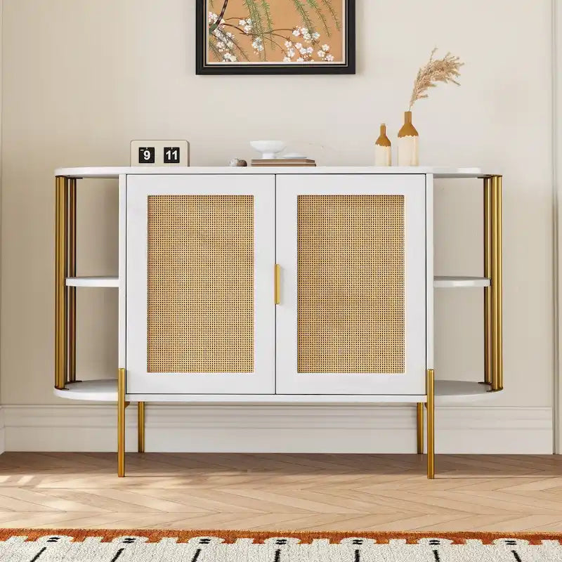 Elegant Curved Dining Cabinet with Gold Trim and Rattan Doors White